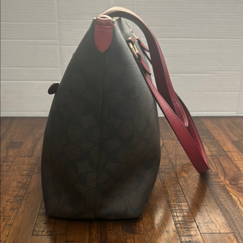 Coach Brown and Red Gallery Tote Bag brown with red handles and accents. - Picture 13 of 16